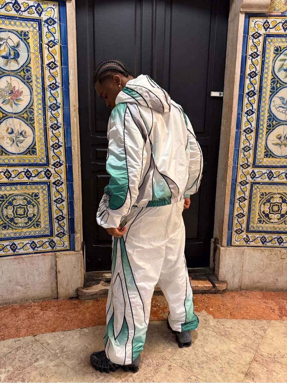 Men's White and Mint Hooded Windbreaker Set